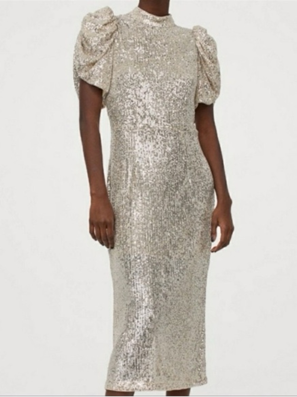 H&M Metallic Silver Sequin Puff-Sleeve Midi Dress Size L